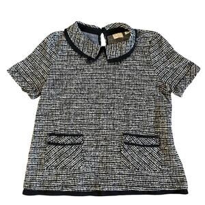 Women’s Anthropologie Postmark Tweed Black Collared Short Sleeve Blouse Medium